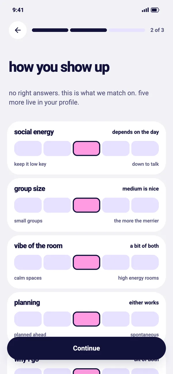 New light onboarding with chunky five-step scales labeled social energy, group size, vibe of the room and planning, each showing the chosen answer in words