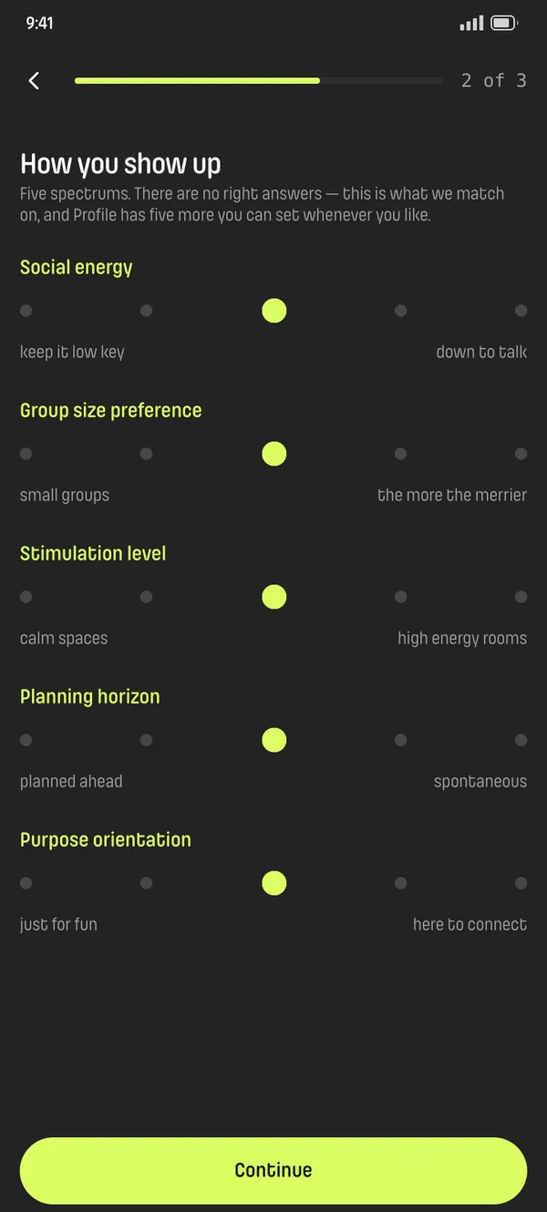 Earlier dark onboarding: How you show up, with dot scales labeled Social energy, Group size preference, Stimulation level, Planning horizon and Purpose orientation