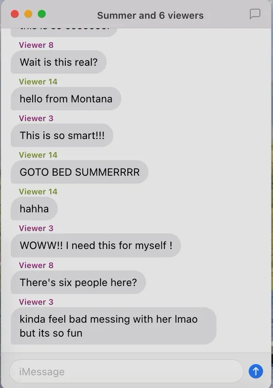 Group chat window titled Summer and 6 viewers, with messages like Wait is this real?, GOTO BED SUMMERRRR and kinda feel bad messing with her lmao but its so fun