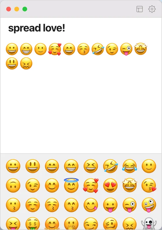 Notes window titled spread love! with a row of placed emojis above a grid of emojis to pick from