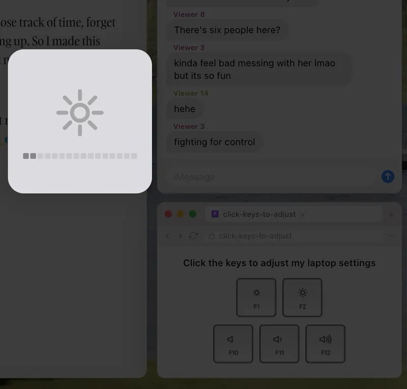 The same view with brightness turned down: the whole page is darkened and the overlay shows two bars