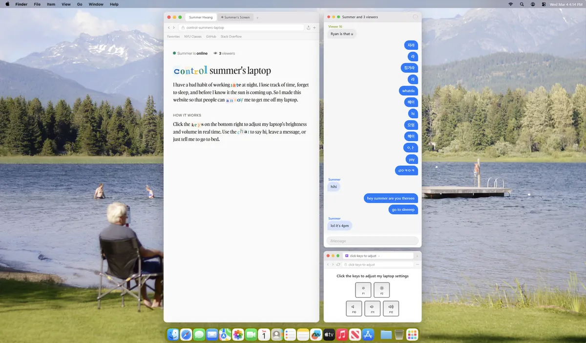 Final design: a short explanation of the site in the main window, a group chat, and a window of F1, F2, F10, F11 and F12 keys