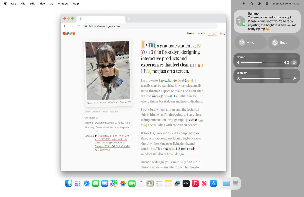 First draft: a macOS-style desktop with Summer's portfolio in a browser window and brightness and volume sliders in a control panel