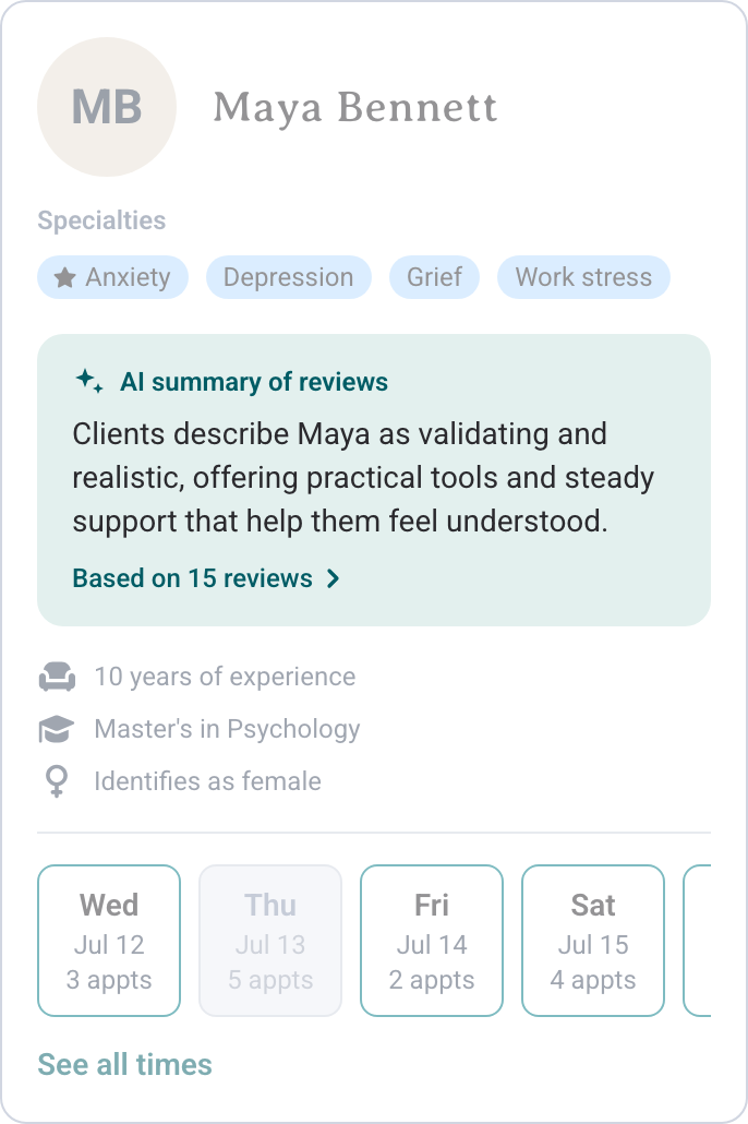 Provider card with a one-sentence AI summary of client reviews highlighted