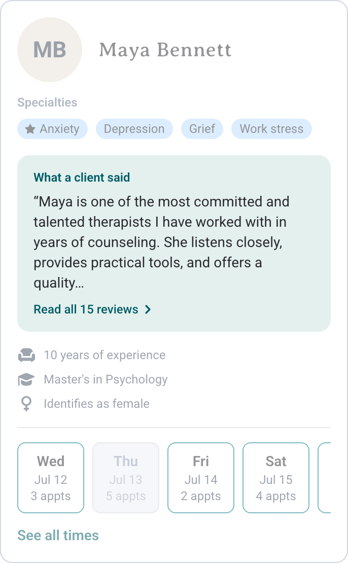 Provider card with one full standout review highlighted