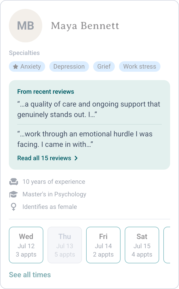 Provider card with short fragments from several reviews highlighted