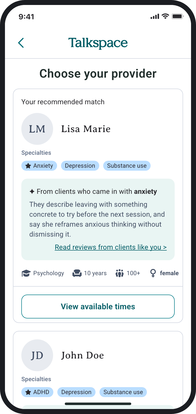 Lisa's card with an AI summary from clients who came in with anxiety