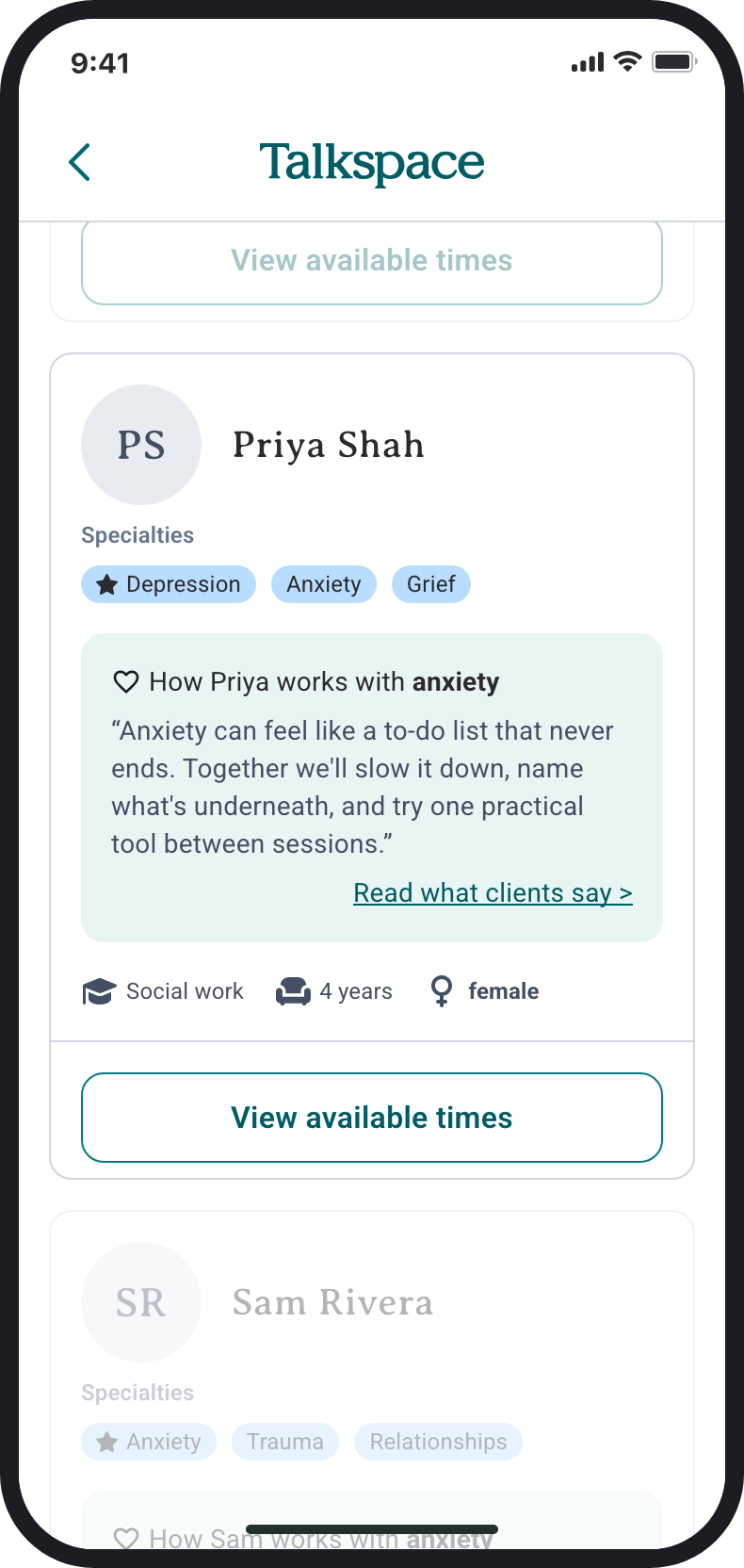 Priya's card, other cards dimmed. Her green block shows her own words