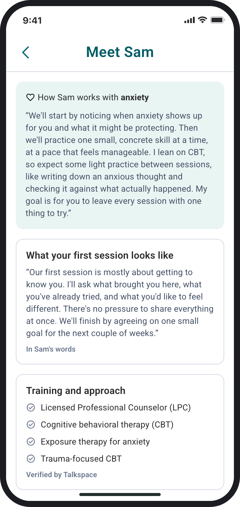 Meet page for Sam: how he works with anxiety, what a first session looks like, and training verified by Talkspace