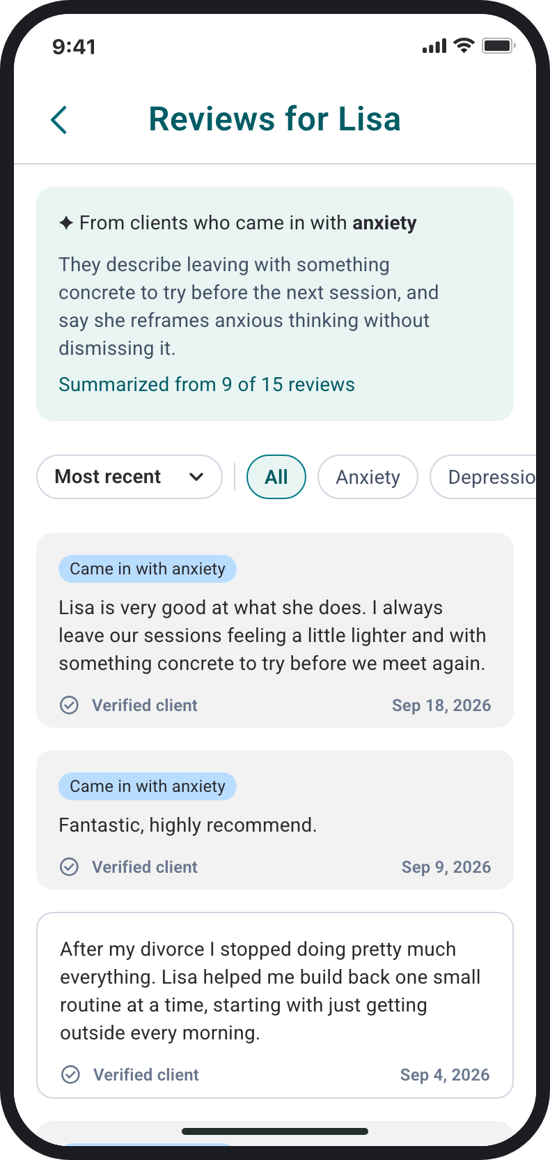 Lisa's reviews page: the summary, topic filters, and reviews tagged Came in with anxiety