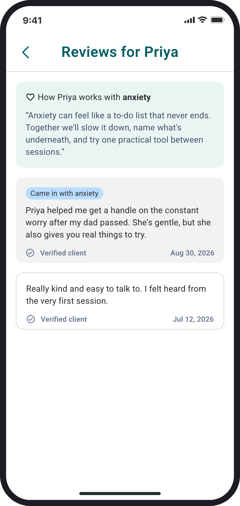 Priya's page: her own words first, then her two reviews