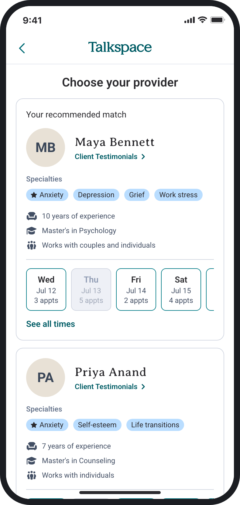Choose your provider screen after: a Client Testimonials link under each provider's name