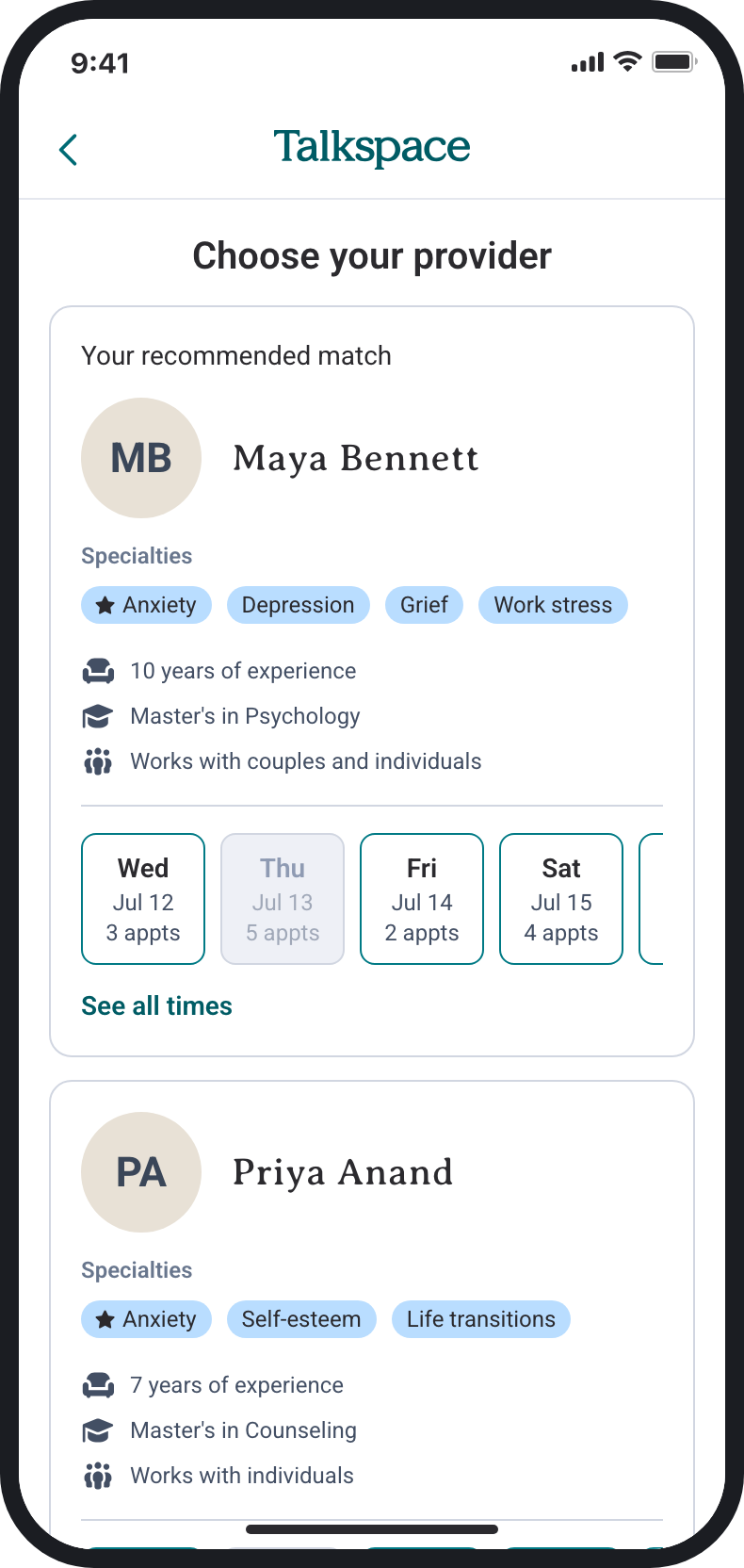 Choose your provider screen before: provider cards with names and no link to reviews