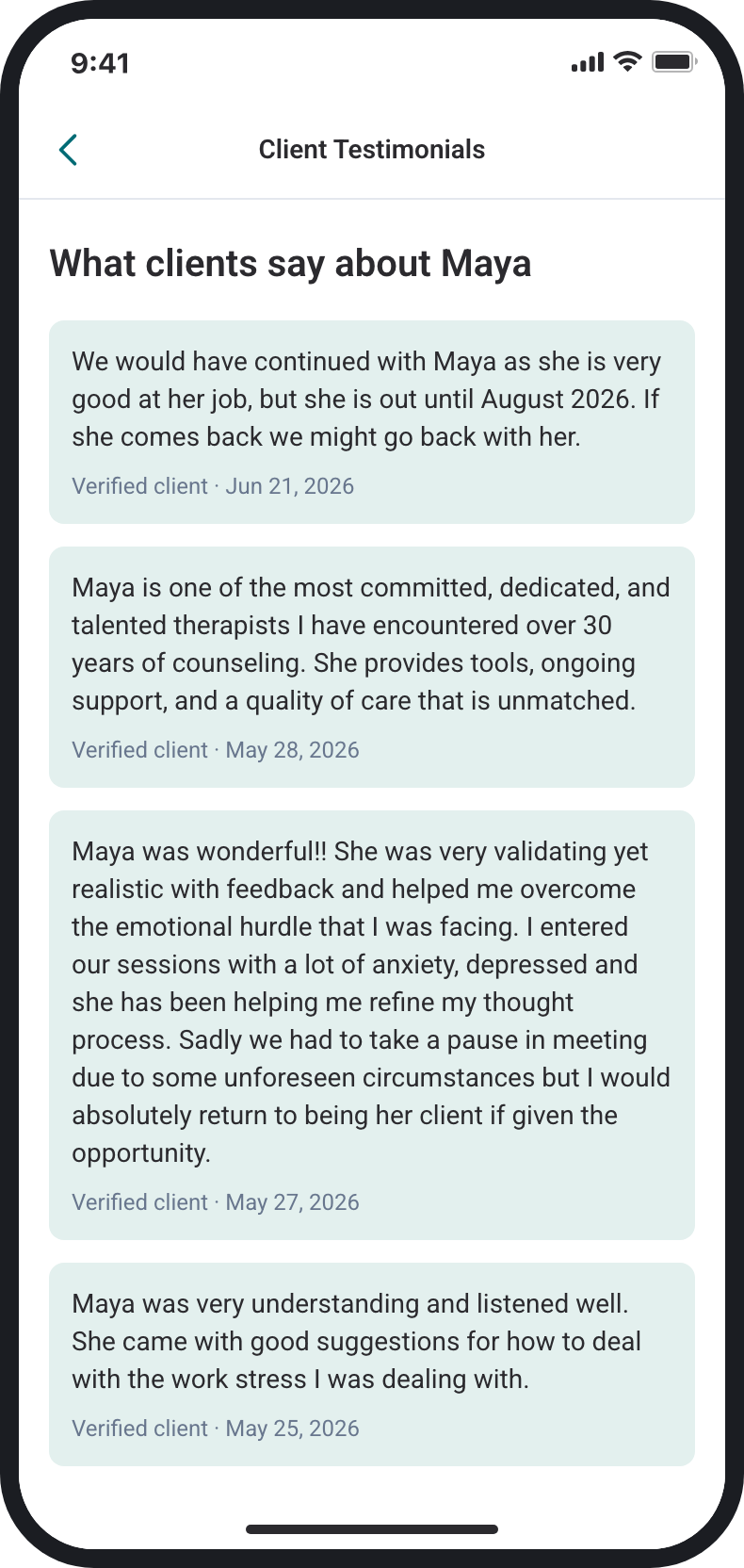 Client Testimonials page: What clients say about Maya, with four written reviews from verified clients